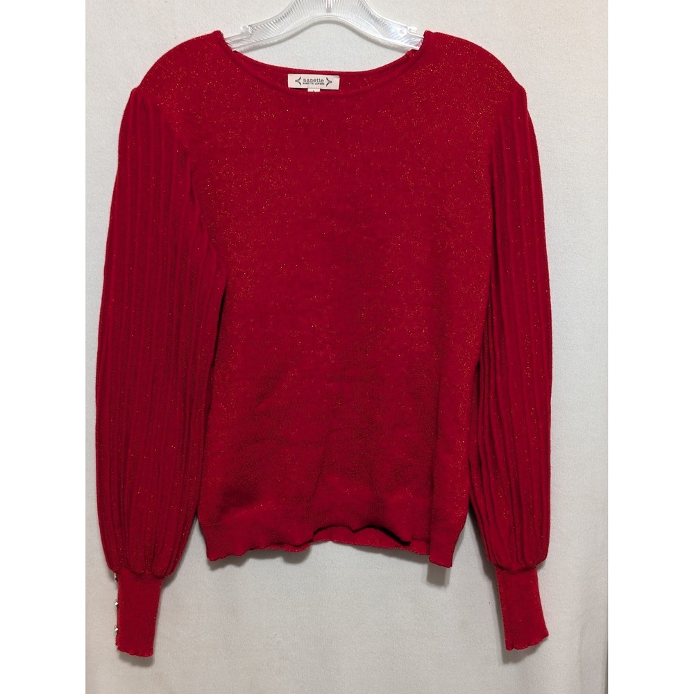 Nanette Lepore Red Metallic Shimmer Pleated Puff Sleeve Knit Sweater Large
